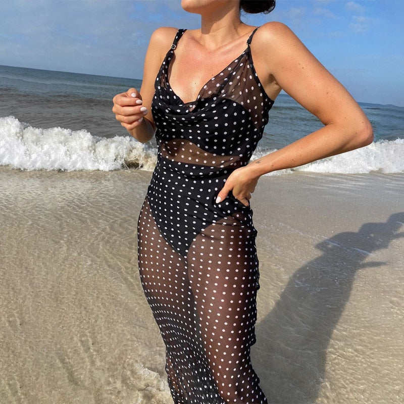 Spaghetti Strap Polka Dot Maxi Sexy Backless Women Dresses Party Club Black Mesh See Through Dress The Clothing Company Sydney