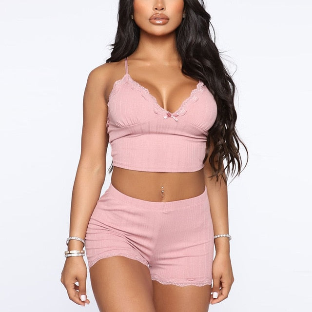 White Summer Ribbed V-neck backless Camisole Mini Shorts 2 Piece Set Pink Casual Outfit The Clothing Company Sydney
