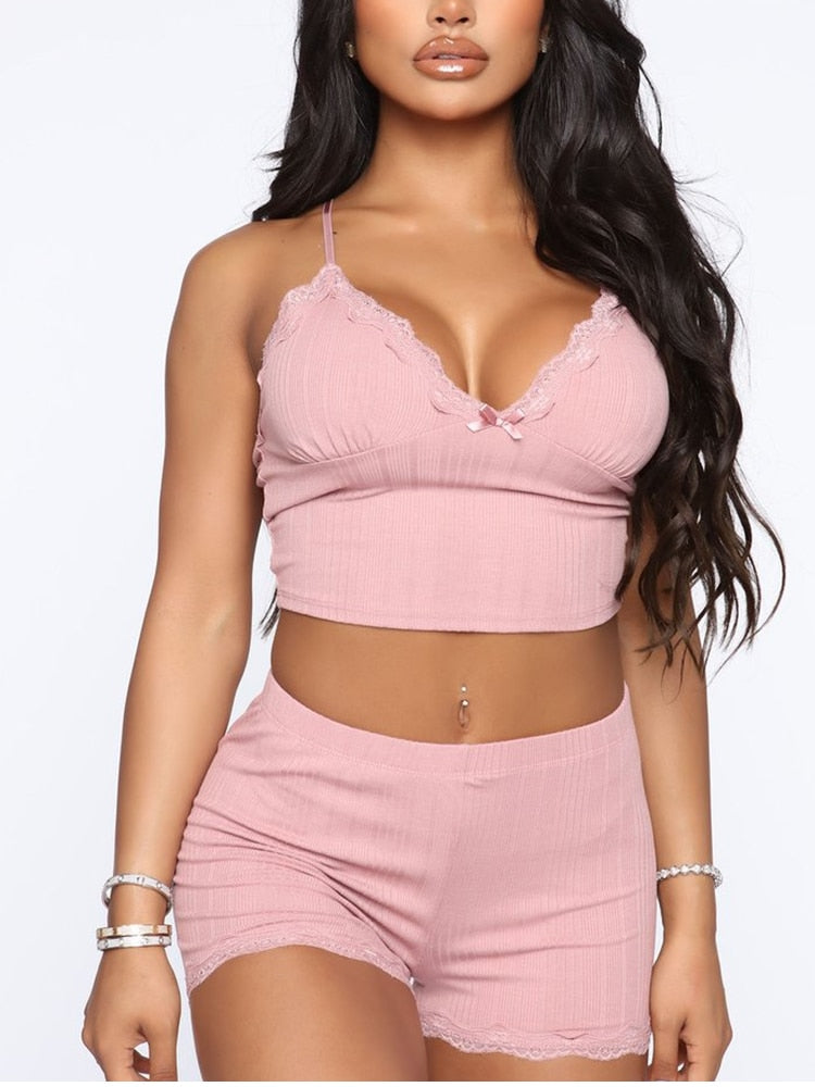 White Summer Ribbed V-neck backless Camisole Mini Shorts 2 Piece Set Pink Casual Outfit The Clothing Company Sydney