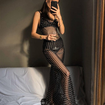 Spaghetti Strap Polka Dot Maxi Sexy Backless Women Dresses Party Club Black Mesh See Through Dress The Clothing Company Sydney