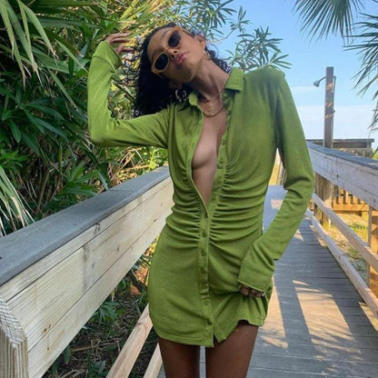 Turn-Down Collar Green Shirt Club Party Long Sleeve Button Mini Dress Spring Streetwear The Clothing Company Sydney