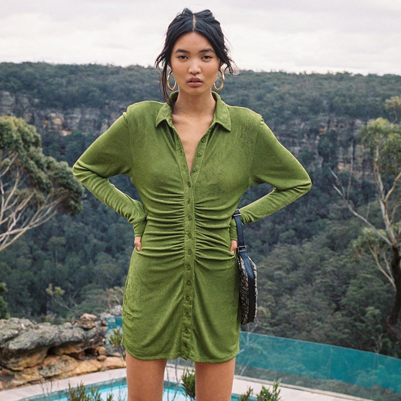 Turn-Down Collar Green Shirt Club Party Long Sleeve Button Mini Dress Spring Streetwear The Clothing Company Sydney