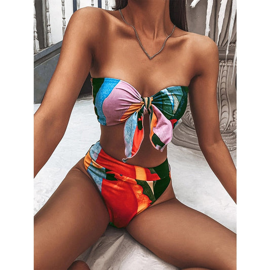 2 Piece Brazilian high waist bikini Bandeau knot swimsuit print swimwear bathing suit Beachwear The Clothing Company Sydney