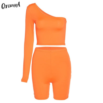 Solid Asymmetrical Two Piece One Shoulder Tracksuit Crop Tops+Elastic Bike Shorts Sporty Matching Suits Casual Outfit Set The Clothing Company Sydney