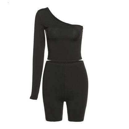 Solid Asymmetrical Two Piece One Shoulder Tracksuit Crop Tops+Elastic Bike Shorts Sporty Matching Suits Casual Outfit Set The Clothing Company Sydney