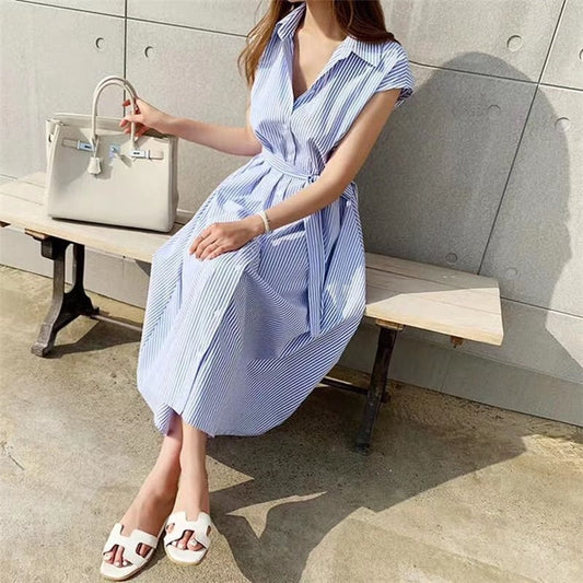 Spring Summer Shirt Dress Multi Colors Casual Sleeveless Striped Oversize Lace Up Long Dress The Clothing Company Sydney