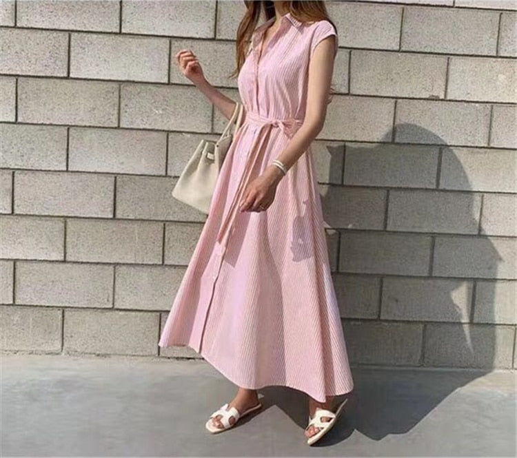 Spring Summer Shirt Dress Multi Colors Casual Sleeveless Striped Oversize Lace Up Long Dress The Clothing Company Sydney