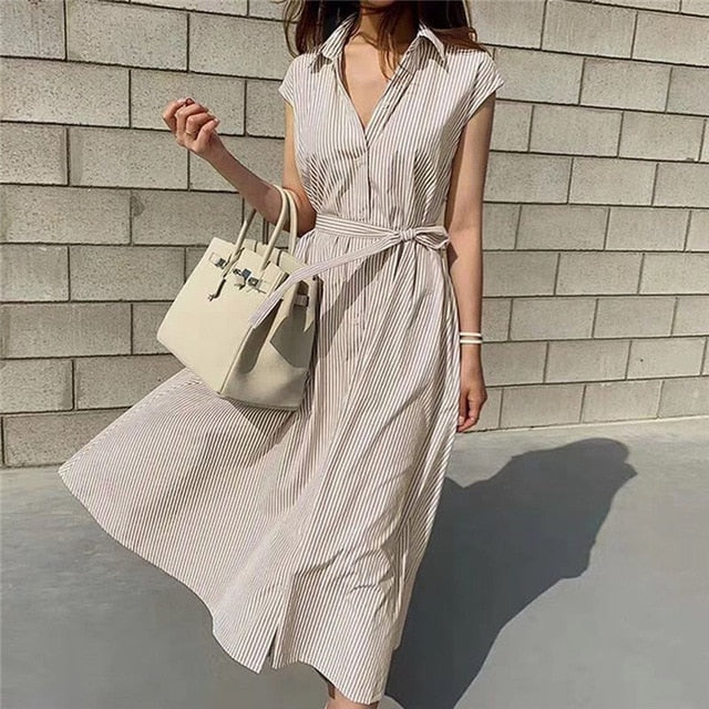 Spring Summer Shirt Dress Multi Colors Casual Sleeveless Striped Oversize Lace Up Long Dress The Clothing Company Sydney