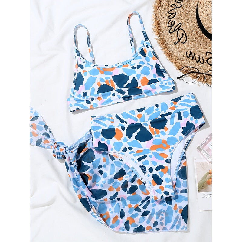 3 Piece Print swimsuit mesh skirt swimsuit High waist swimwear Bandeau push up bikini set Bathing suit The Clothing Company Sydney