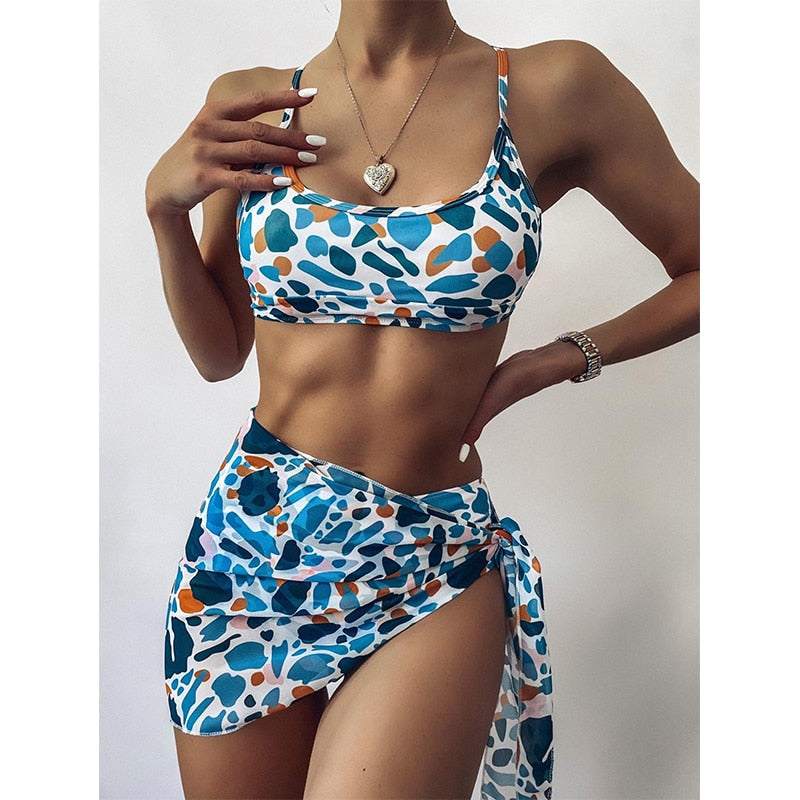 3 Piece Print swimsuit mesh skirt swimsuit High waist swimwear Bandeau push up bikini set Bathing suit The Clothing Company Sydney