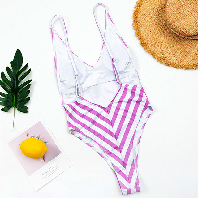 Backless Striped Swimwear One Piece Swimsuit monokini High cut Trikini V Neck Bathing Suit The Clothing Company Sydney