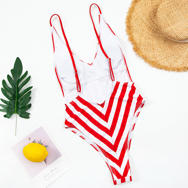 Backless Striped Swimwear One Piece Swimsuit monokini High cut Trikini V Neck Bathing Suit The Clothing Company Sydney