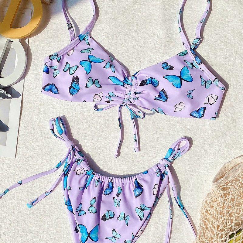 Butterfly print swimsuit Bandeau push up String low waist swimwear bathing suit Retro Bikini Set The Clothing Company Sydney