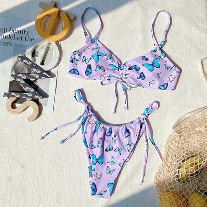 Butterfly print swimsuit Bandeau push up String low waist swimwear bathing suit Retro Bikini Set The Clothing Company Sydney