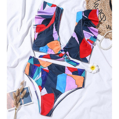 2 Piece Geometry print swimsuit Sexy ruffle bikini High waist swimwear Bandeau knot bathing suit Vintage beach wear The Clothing Company Sydney