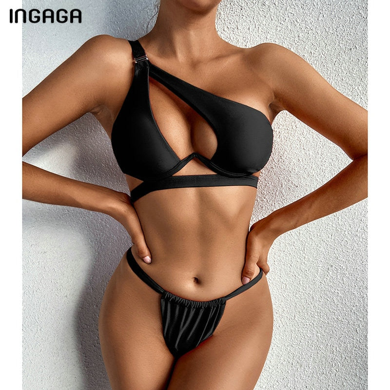 Cut Out 2 Piece Swimsuits Bikini Push Up Swimwear Black Micro Thong Bathing Suits One Shoulder Bikini Set The Clothing Company Sydney