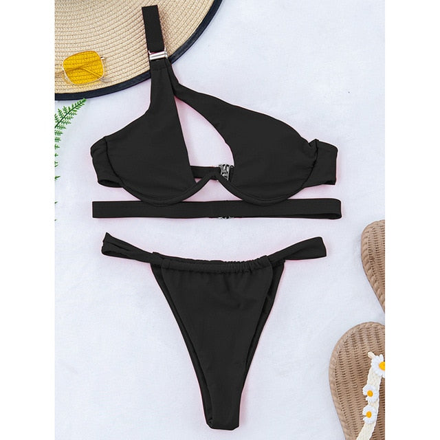 Cut Out 2 Piece Swimsuits Bikini Push Up Swimwear Black Micro Thong Bathing Suits One Shoulder Bikini Set The Clothing Company Sydney