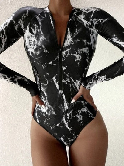 Summer Print Zipper One Piece Swimsuit Closed Long Sleeve Swimwear Sports Surfing Swimming Bathing Suit Beach Wear The Clothing Company Sydney
