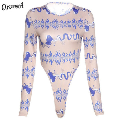 Fashion Long Sleeve Skinny Bodysuits Graphic Print o-Neck Elastic Hight Sporty Streetwear Slim Outfit Bodysuit The Clothing Company Sydney