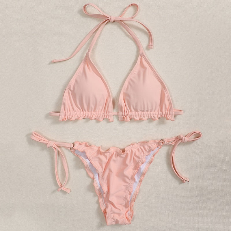 2 Piece Pink Ruffled Frilled Bikini swimsuit swimwear Two piece bikini set Halter Bather String bathing suit The Clothing Company Sydney