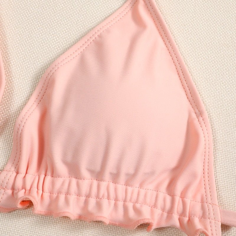 2 Piece Pink Ruffled Frilled Bikini swimsuit swimwear Two piece bikini set Halter Bather String bathing suit The Clothing Company Sydney