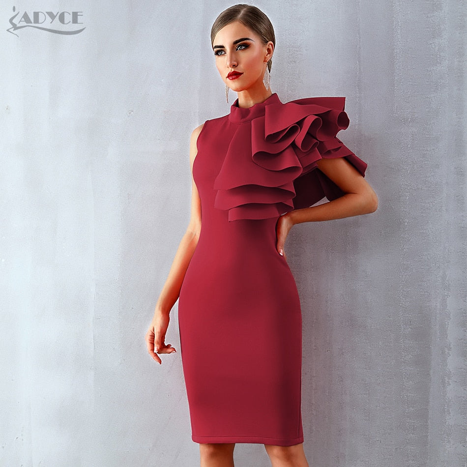 Wine Red Celebrity Evening Runway Party Sleeveless Ruffles Bodycon Midi Night Club Dress The Clothing Company Sydney