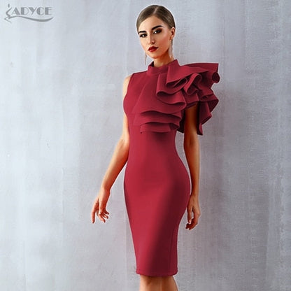 Wine Red Celebrity Evening Runway Party Sleeveless Ruffles Bodycon Midi Night Club Dress The Clothing Company Sydney