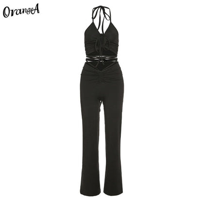 2 Piece Halter bandage v-neck sleeveless ruched tops sweatpants matching clubwear stretchy skinny bodycon Set The Clothing Company Sydney