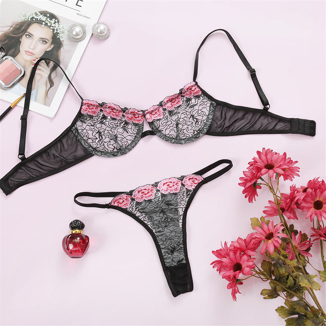 2 Piece Sexy Floral Lingerie Set Transparent Erotic Lingerie Lace Bra and Panties Underwear Set The Clothing Company Sydney