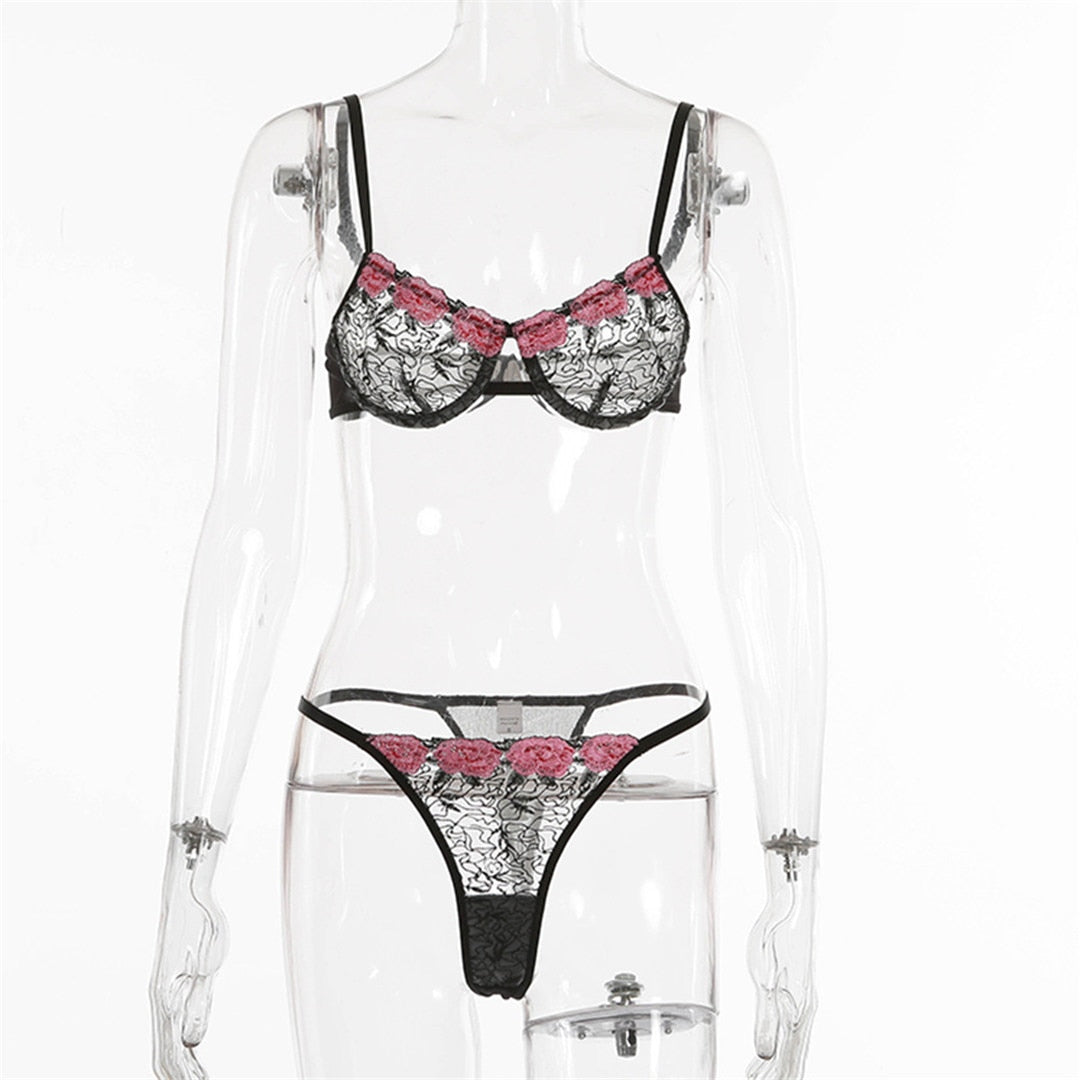 2 Piece Sexy Floral Lingerie Set Transparent Erotic Lingerie Lace Bra and Panties Underwear Set The Clothing Company Sydney