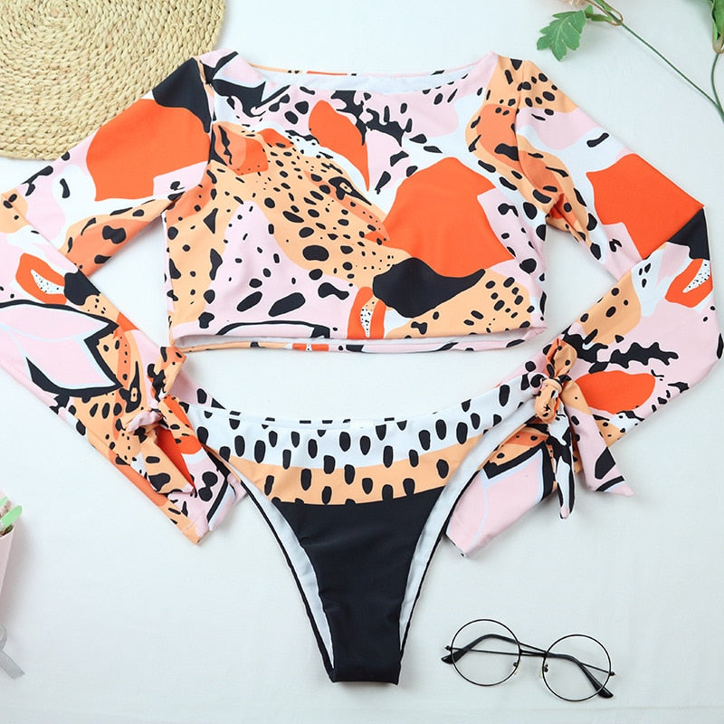 2 Piece Swimwear Leopard Swimsuit Bathing Suit Retro Swimsuit Vintage Beach wear Surfing Long Sleeve Bikini Set The Clothing Company Sydney