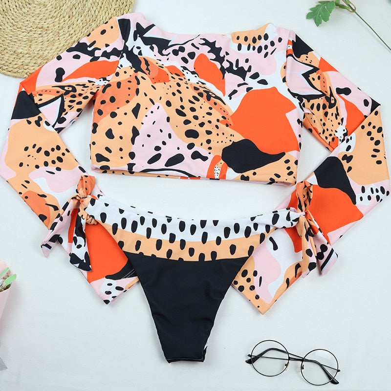 2 Piece Swimwear Leopard Swimsuit Bathing Suit Retro Swimsuit Vintage Beach wear Surfing Long Sleeve Bikini Set The Clothing Company Sydney