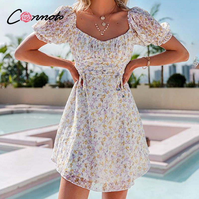 Bubble sleeve floral print Elegant wrinkle retro square collar high waist lace-up summer dress The Clothing Company Sydney
