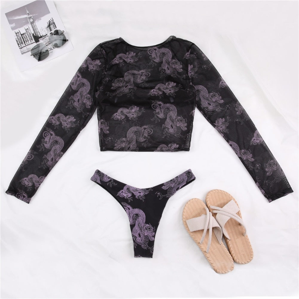 3 Piece Swimsuit Print Push Up Biquini Brazilian Summer Bathing Suit Long Sleeve Thong Mirco Bikini Swimwear The Clothing Company Sydney