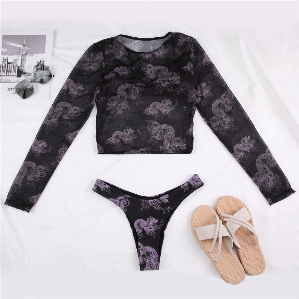 3 Piece Swimsuit Print Push Up Biquini Brazilian Summer Bathing Suit Long Sleeve Thong Mirco Bikini Swimwear The Clothing Company Sydney