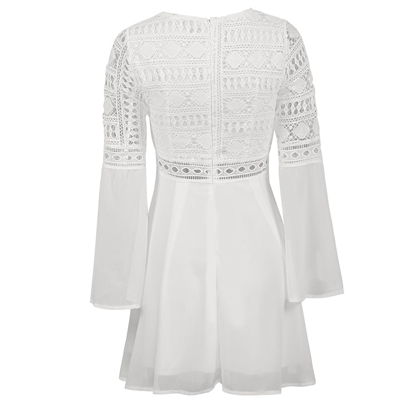 V-Neck Hollow Out Long Sleeve Mini Lace Elegant White Boho Dress Casual Lace Dress The Clothing Company Sydney