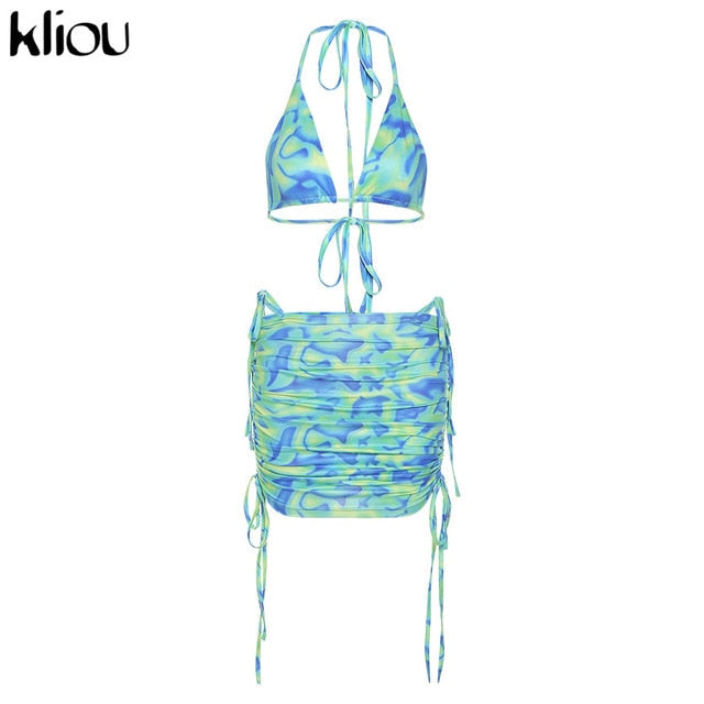 Bandage Halter Print Two Piece Backless Top+Drawstring Stacked Skirt Summer Outfit Set The Clothing Company Sydney