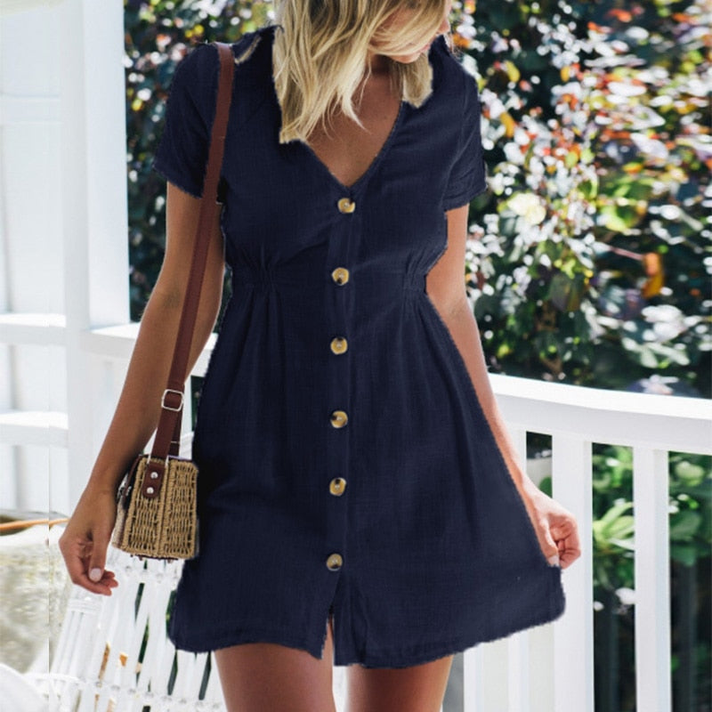 Spring/Summer Pure Color Single Row Buttons V-Neck Slim High Waist Casual Dress The Clothing Company Sydney