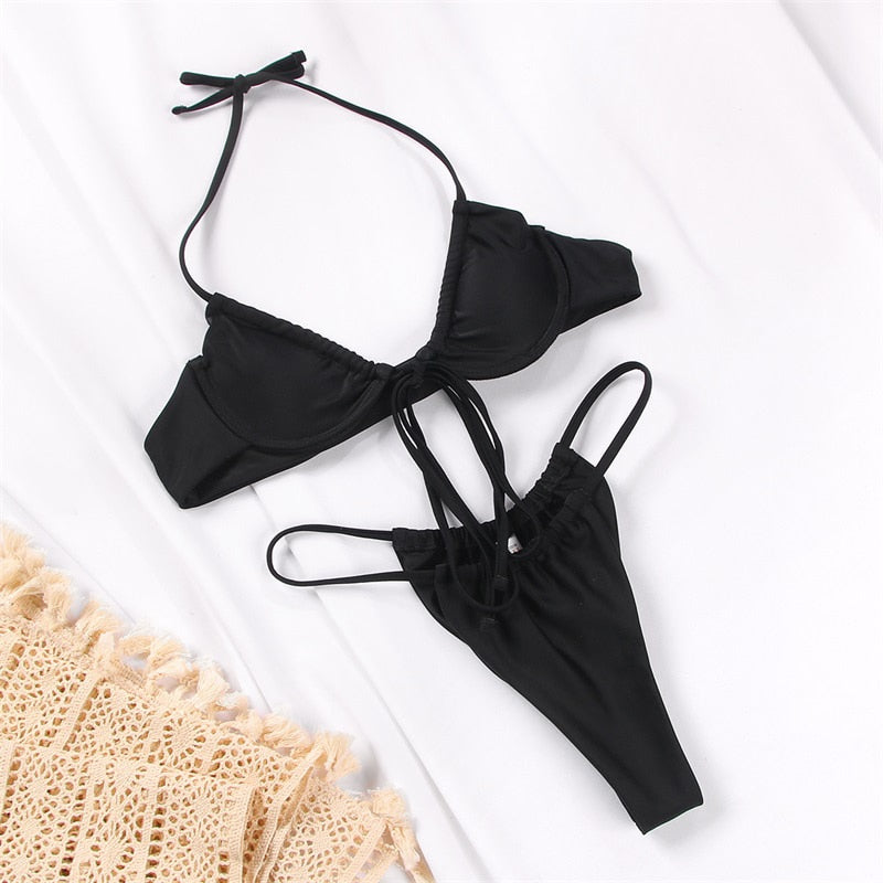 2 Piece Thong Bikini Set Solid Color Swimsuit Hollow Out Bikinis String Swimwear Bathing Suit The Clothing Company Sydney