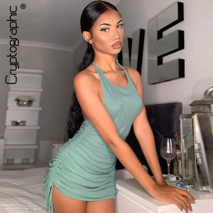 Drawstring Ruched Halter Backless Mini Club Party Summer Sleeveless Bodycon Dress The Clothing Company Sydney