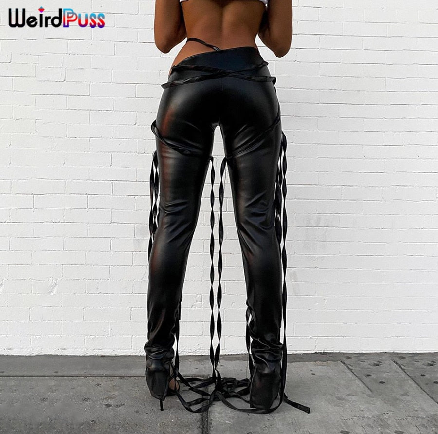 Faux Leather Skinny Sling High Waist Pencil Pants Asymmetry Solid Chic Tight Trouser Fall String Pants The Clothing Company Sydney