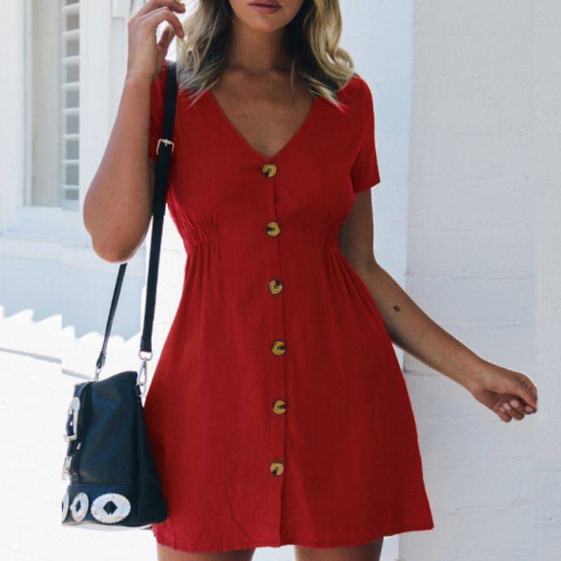 Spring/Summer Pure Color Single Row Buttons V-Neck Slim High Waist Casual Dress The Clothing Company Sydney