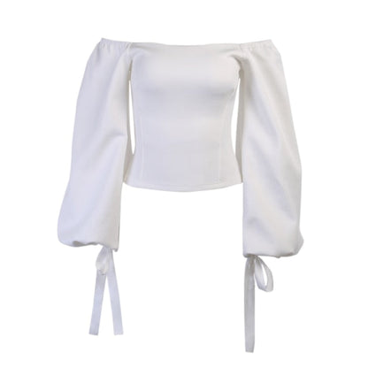 Elegant T Shirt Slash Neck Lantern Sleeve Bandage Solid White Tops Autumn Casual Slim Office Top The Clothing Company Sydney