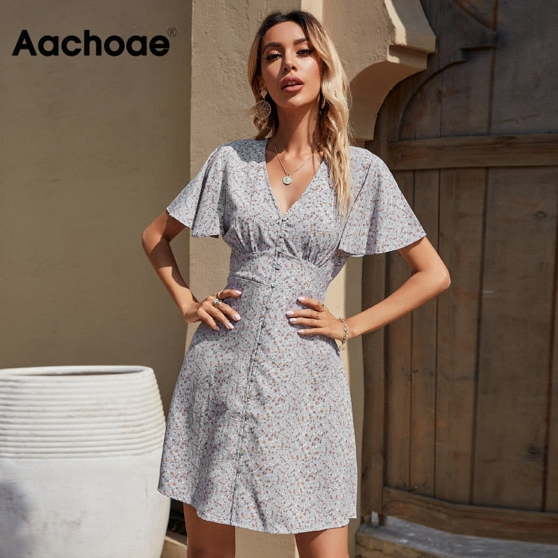 Summer Elegant A Line Dress V Neck Floral Print Mini Dress Flare Short Sleeve Button Party Dress The Clothing Company Sydney