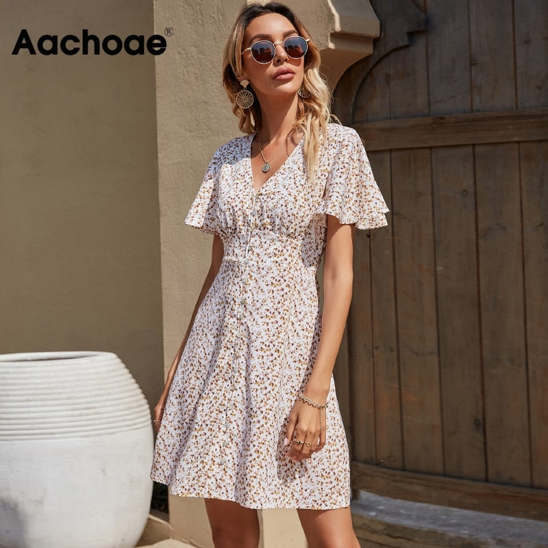 Summer Elegant A Line Dress V Neck Floral Print Mini Dress Flare Short Sleeve Button Party Dress The Clothing Company Sydney