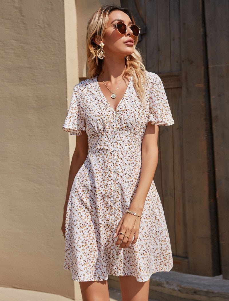 Summer Elegant A Line Dress V Neck Floral Print Mini Dress Flare Short Sleeve Button Party Dress The Clothing Company Sydney