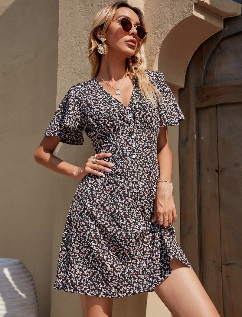 Summer Elegant A Line Dress V Neck Floral Print Mini Dress Flare Short Sleeve Button Party Dress The Clothing Company Sydney