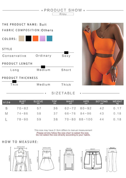 Solid Asymmetrical Two Piece One Shoulder Tracksuit Crop Tops+Elastic Bike Shorts Sporty Matching Suits Casual Outfit Set The Clothing Company Sydney