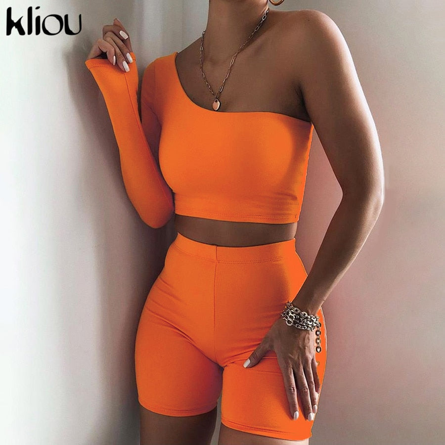 Solid Asymmetrical Two Piece One Shoulder Tracksuit Crop Tops+Elastic Bike Shorts Sporty Matching Suits Casual Outfit Set The Clothing Company Sydney