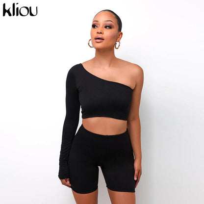 Solid Asymmetrical Two Piece One Shoulder Tracksuit Crop Tops+Elastic Bike Shorts Sporty Matching Suits Casual Outfit Set The Clothing Company Sydney